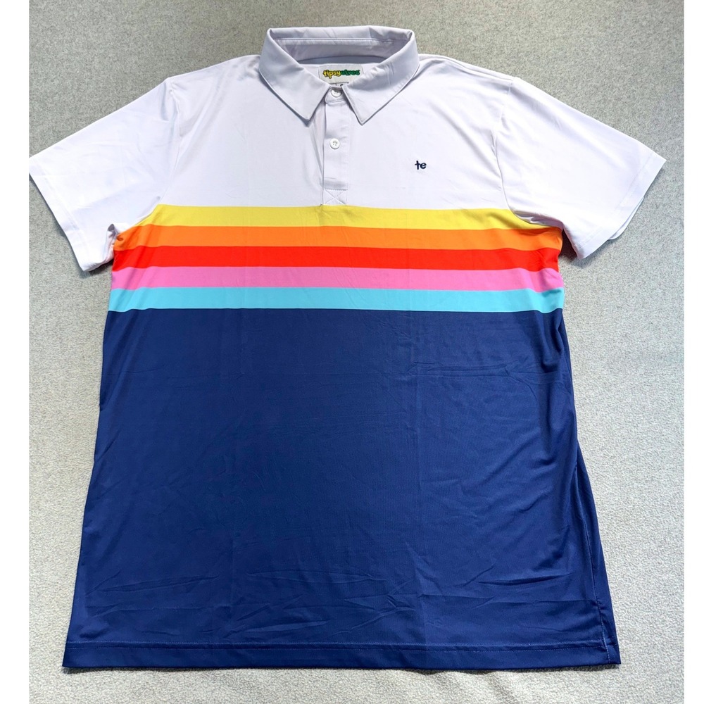 Tipsy Elves Slice of Sunset Golf Polo Mens L Rainbow Stripe Navy Performance